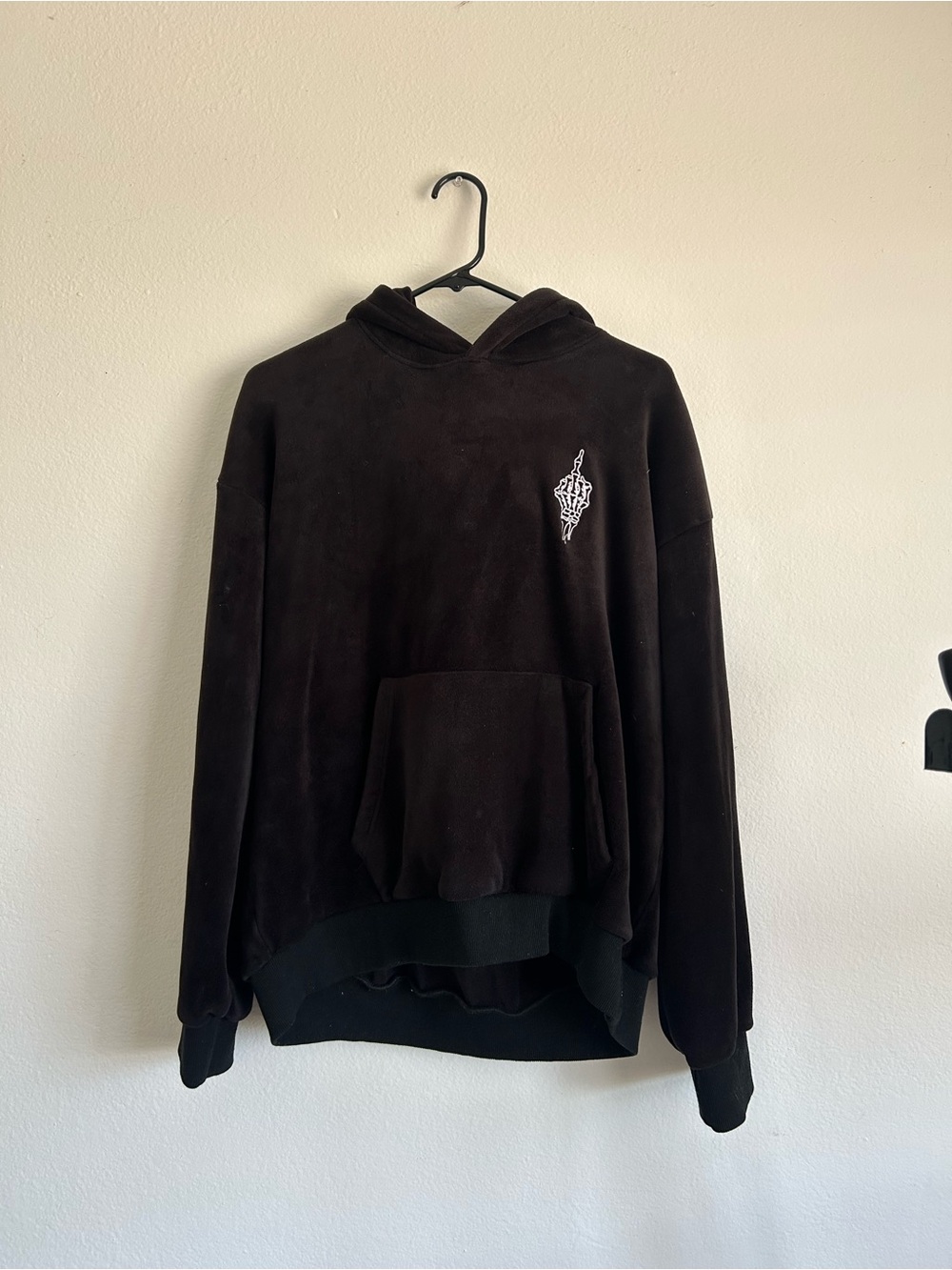 Nokwal Black velour Hoodie with Skeleton hand Embroidered Logo